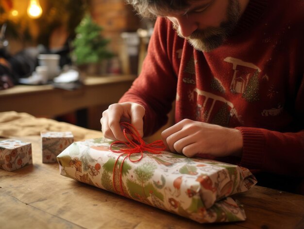 Uomo che avvolge regali con carta da confezionamento a tema natalizio