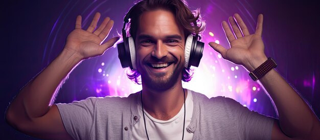 Uomo che balla allegramente e indossa le cuffie DJ hipster sorridente che mostra il segno del mondo con il ritratto delle dita su sfondo viola con luce al neon