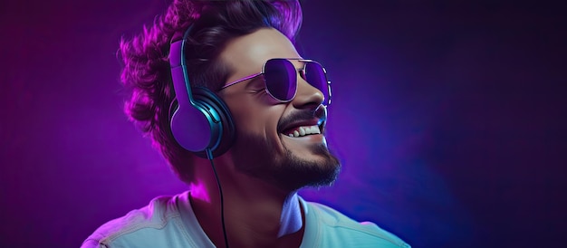 Uomo che balla e ascolta musica con le cuffie La felicità del DJ e il sorriso stile di vita hipster sfondo viola con luci al neon spazio per il testo