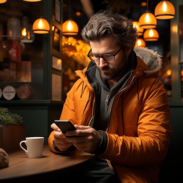 Uomo che beve caffè e controlla la posta sullo smartphone