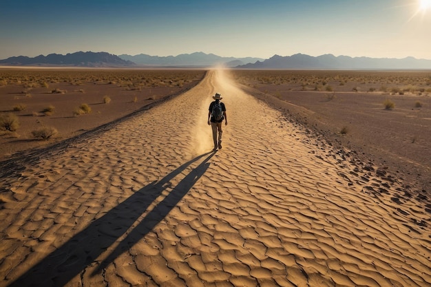 Uomo che cammina da solo nel vasto deserto selvaggio