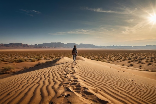 Uomo che cammina da solo nel vasto deserto selvaggio