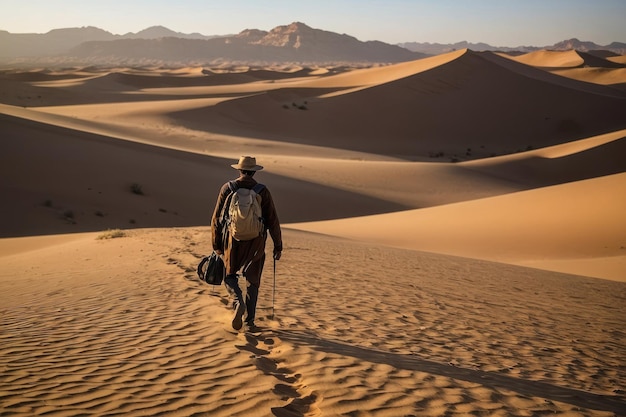 Uomo che cammina da solo nel vasto deserto selvaggio