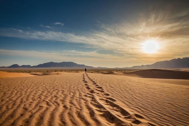 Uomo che cammina da solo nel vasto deserto selvaggio