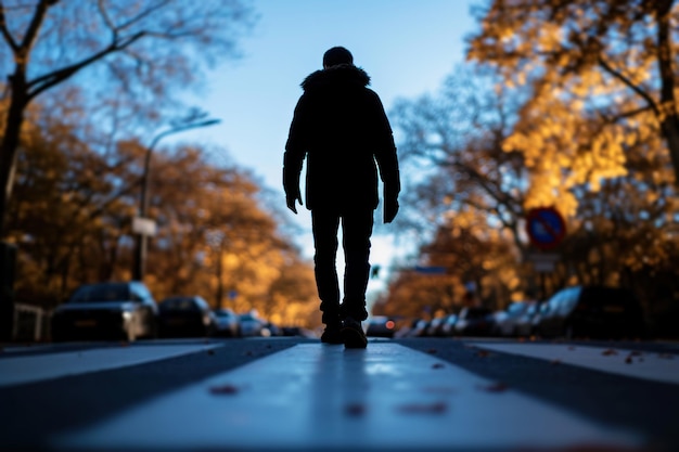 Uomo che cammina da solo sulla strada della città in autunno