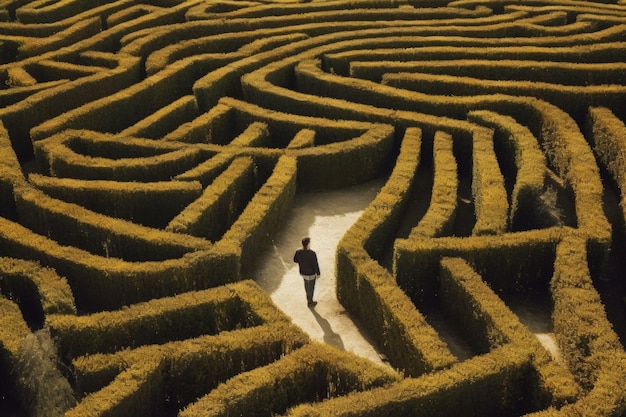 Uomo che cammina in un labirinto complesso Concetto surreale IA generativa