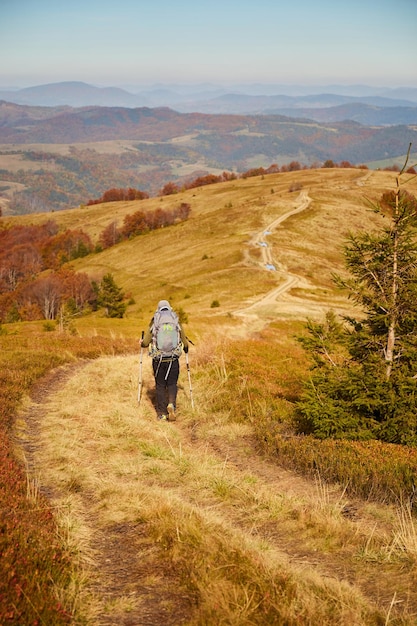 Uomo che cammina lungo il sentiero di montagna nei Carpazi Ucraina Sentieri per passeggiate ed escursioni nella cresta Borzhava Area rurale dei Carpazi in autunno