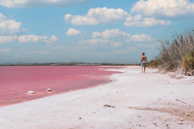 Uomo che cammina lungo la spiaggia vicino al mare rosa