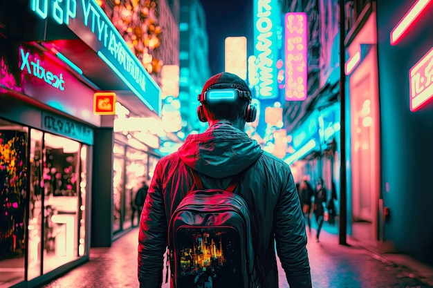 Uomo che cammina per strada con insegne luminose al neon nel mondo virtuale delle cuffie vr