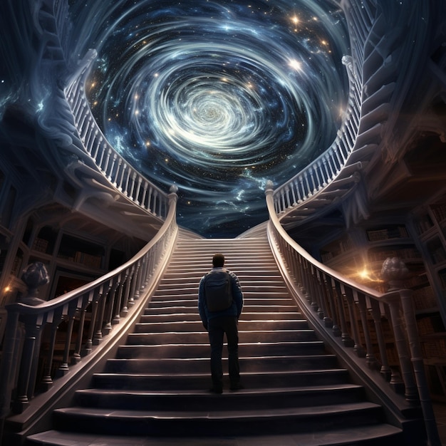 Uomo che cammina su delle scale, sale su delle scale del paradiso, immagine del cielo, arte generata dall'AI.