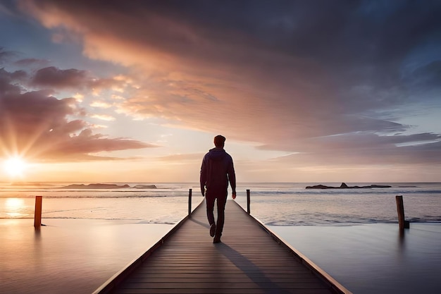 Uomo che cammina su un molo davanti a un tramonto