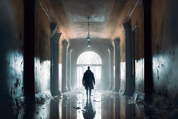 Uomo che cammina sull'acqua rovesciata nel corridoio vuoto e sporco della casa abbandonata
