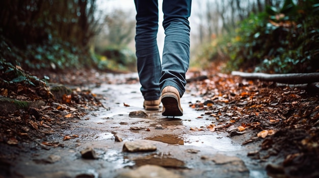 uomo che cammina sulla strada bagnata con le gocce di pioggia