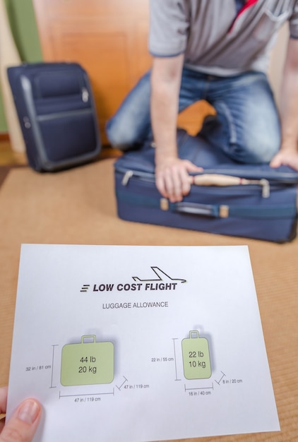 Uomo che cerca di chiudere il bagaglio a mano pieno per rispettare le restrizioni delle compagnie aeree low cost