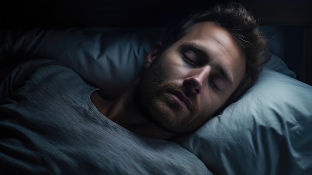 Uomo che cerca di dormire ma con visibile tensione e ansia sul suo viso