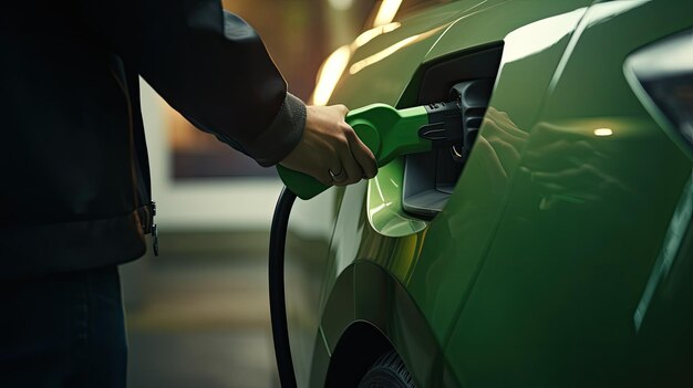 Uomo che collega il caricabatterie a un'auto elettrica alla stazione di ricarica