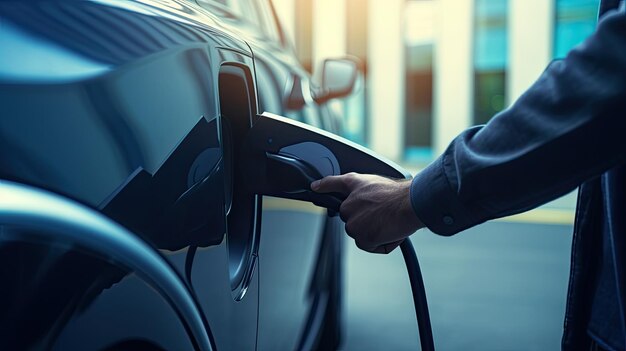 Uomo che collega il caricabatterie a un'auto elettrica alla stazione di ricarica