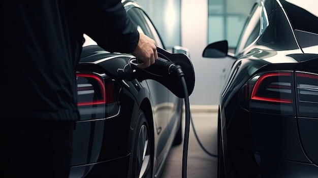 Uomo che collega il caricabatterie a un'auto elettrica alla stazione di ricarica