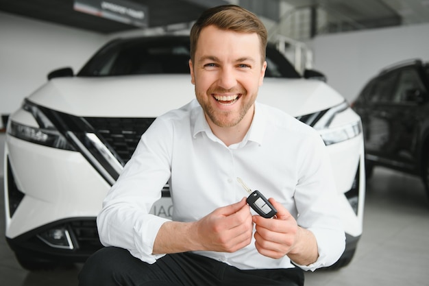 Uomo che compra un&#39;auto in uno showroom