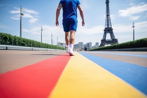 Uomo che corre a Parigi Francia Corridore che corre sullo sfondo della Torre Eiffel