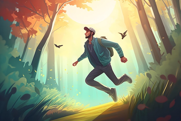 Uomo che corre attraverso la foresta con un uccello che vola sopra la sua testa in una giornata di sole IA generativa
