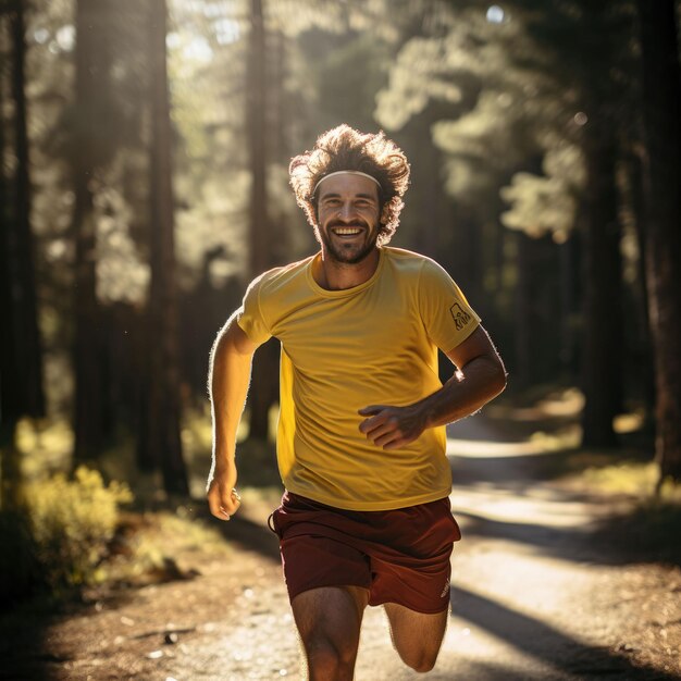 Uomo che corre lungo il sentiero boscoso