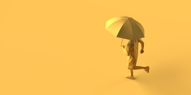 Uomo che corre sotto la pioggia con un ombrello. illustrazione 3D. Copia spazio.