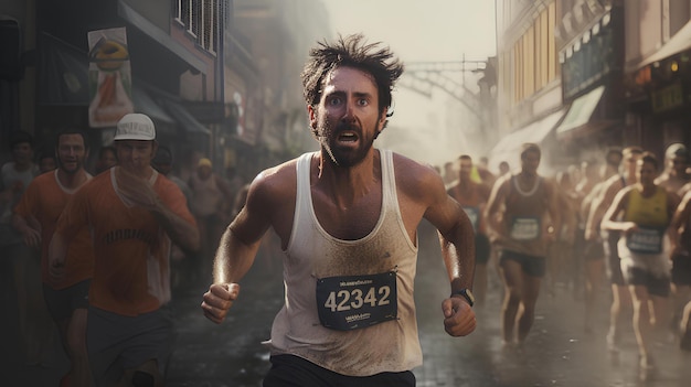 uomo che corre una maratona sudata e realistica 8K