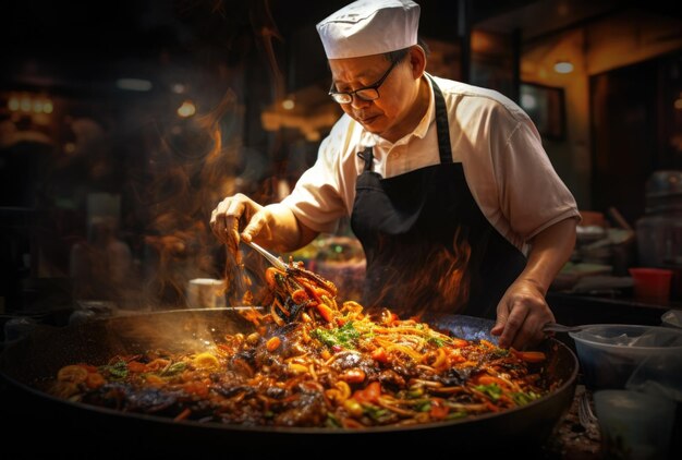 Uomo che cucina il cibo in una grande padella che mescola le verdure in un wok