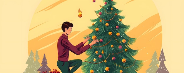 Uomo che decora l'albero di Natale Carta di auguri di Buon Natale Illustrazione vettoriale in stile cartone animato