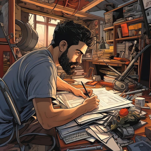 uomo che disegna con penne e matite nello stile di strumenti di pittura e scrittura