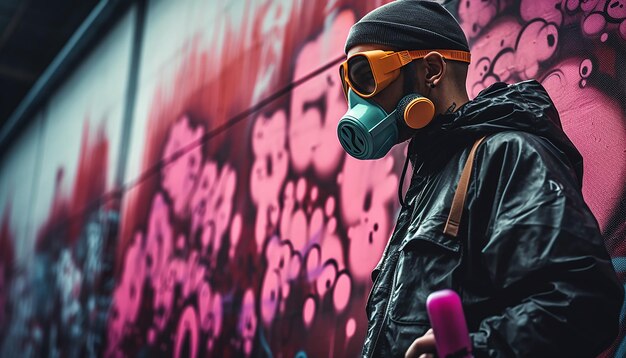 Uomo che fa graffiti cyberpunk con vernice a spruzzo per strada