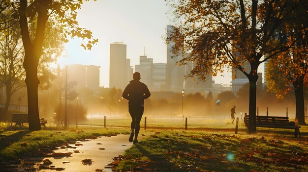 Uomo che fa jogging nel parco della città all'alba