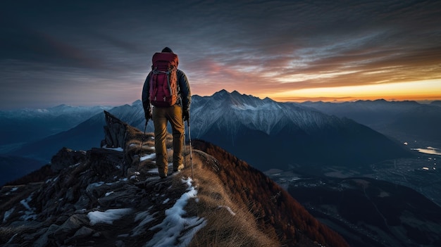 Uomo che fa un'escursione alle montagne del tramonto con zaino Travel Lifestyle wanderlust avventura concetto vacanze estive all'aperto da solo in natura