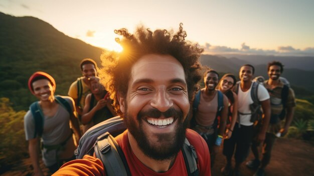 uomo che fa un selfie contro il tramonto all'alba all'aperto e gruppo di escursionisti