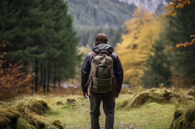 Uomo che fa una passeggiata nella foresta Generativo ai