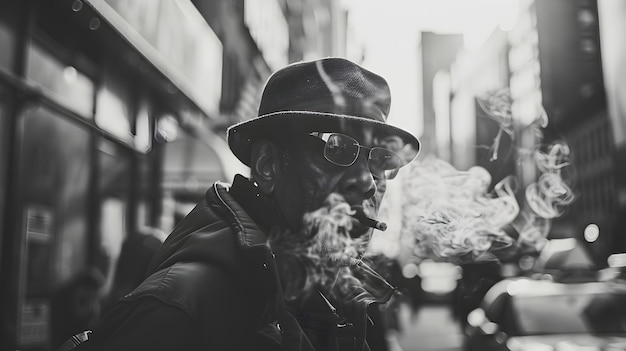 Uomo che fuma in una strada della città in stile monocromatico