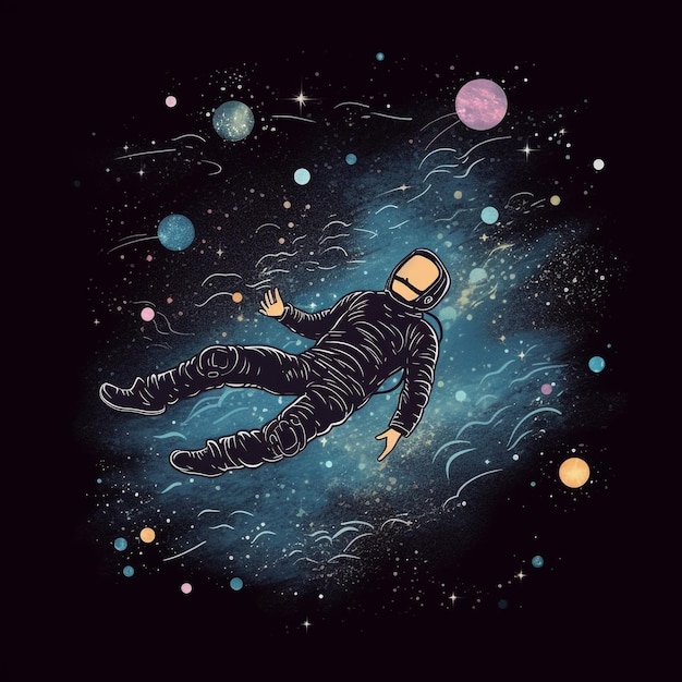 uomo che galleggia nello spazio con una maglietta di sfondo galassia