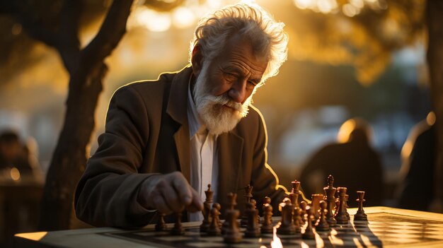 uomo che gioca a scacchi tranquillamente nel parco mentre si gode il sole