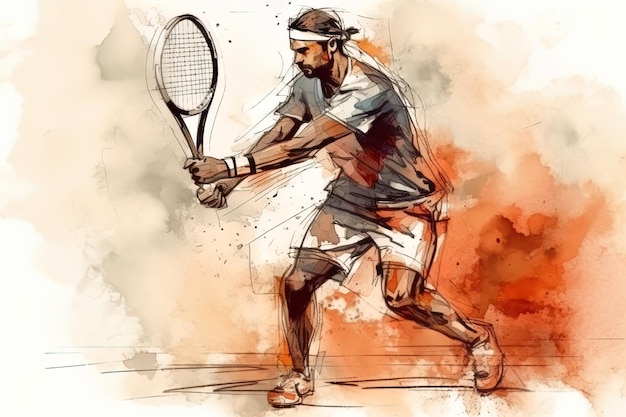 Uomo che gioca a tennis Ritratto di un tennista professionista Pittura ad acquerello