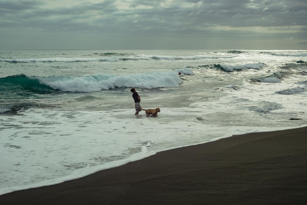 Uomo che gioca con il suo cane in spiaggia. Cielo nuvoloso sulla spiaggia messicana