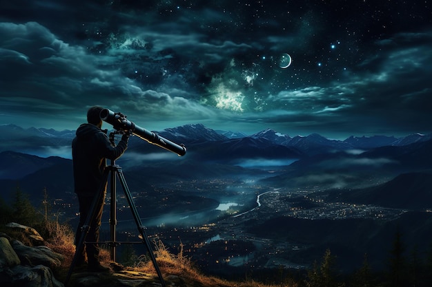Uomo che guarda attraverso un telescopio astronomico le stelle nel cielo notturno Galassia della Via Lattea AI generativo