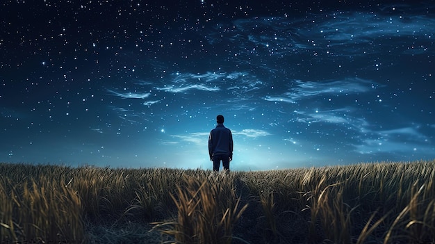 Uomo che guarda le stelle durante la notte circondato da un campo di grano sotto il concetto di silhouette della Via Lattea