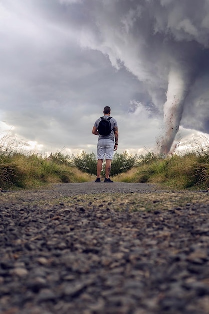 Uomo che guarda un tornado