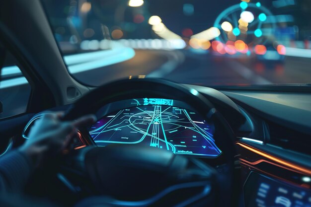 Uomo che guida e mappa olografica in auto con guida o navigazione per la posizione in città con futu
