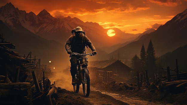 Uomo che guida mountain bike al tramonto