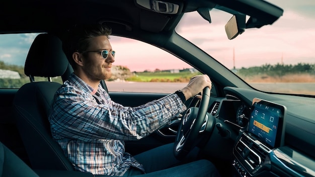 Uomo che guida un'auto sulla strada