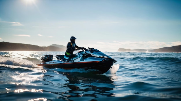 Uomo che guida una jet ski su un corpo d'acqua