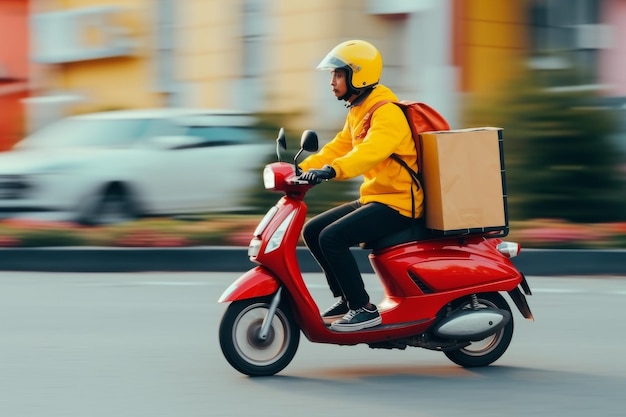 Uomo che guida uno scooter rosso per strada