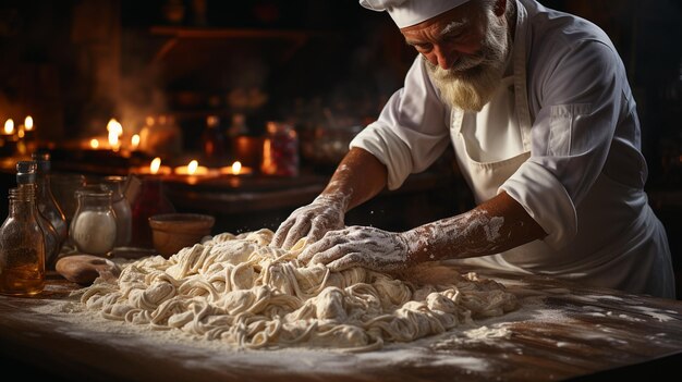 uomo che impasta la pasta sul tavolo in cucina ai